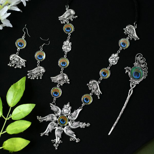 Mominos Fashion Johar Kamal Oxidised Silver-Plated Brass Finish Peacock Design Long Necklace Set For Women Online Sale