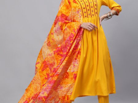 Jaipur Kurti Yellow & Red Yoke Design Mirror Work Women Kurta with Trousers & With Dupatta Online Sale