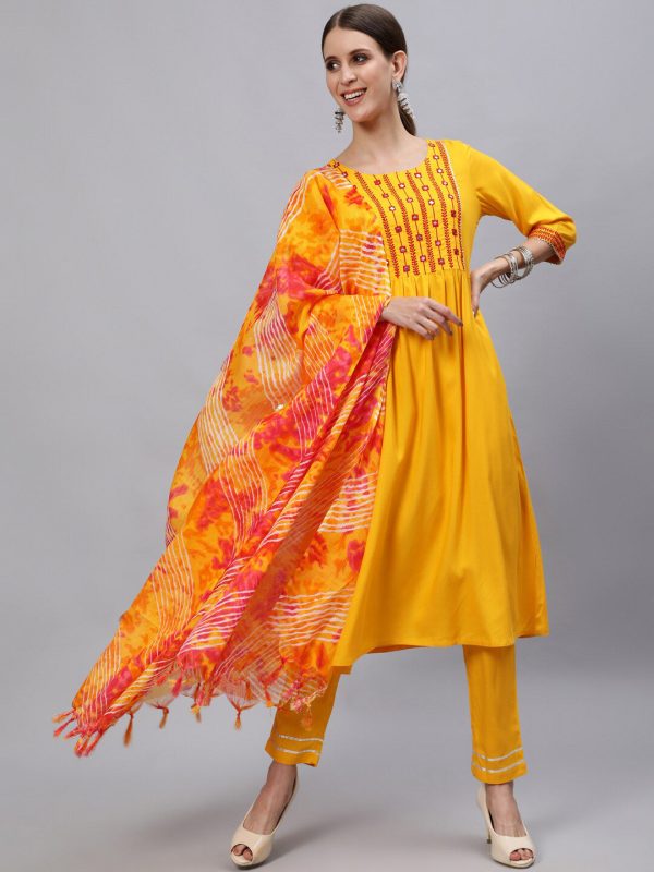 Jaipur Kurti Yellow & Red Yoke Design Mirror Work Women Kurta with Trousers & With Dupatta Online Sale