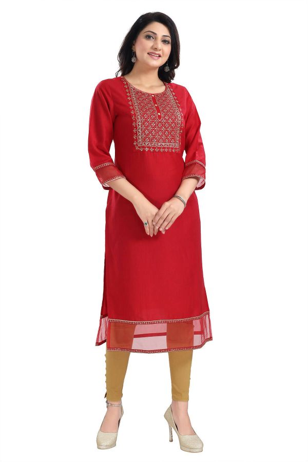 Snehal Creations Mighty Red Art Silk Designer Long Kurti Tunic With Zari Embroidery Online