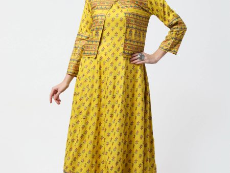 Cheera Women s Mustard Viscose Cotton Long Kalidar Kurta With Jacket For Cheap