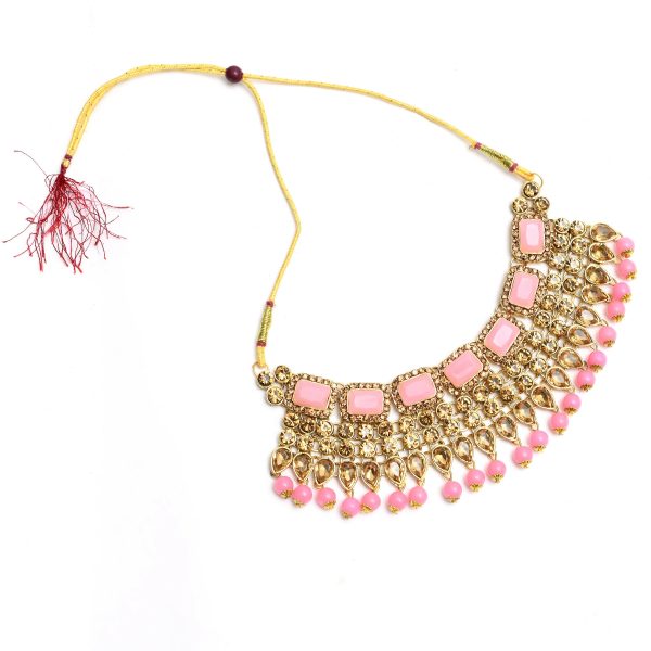 Mominos Fashion Johar Kamal Gold-Plated Brass Finish Kundan Stone Choker For Women (Baby Pink) Fashion