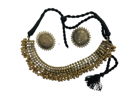 Mominos Fashion Johar Kamal Oxidised Gold-Plated Brass Finish Ghungroo Design Choker Set For Sale