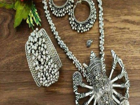 Mominos Fashion Johar Kamal Silver-Plated Brass Finish Kaali Mata Long Neckalce Combo Set For Women Cheap