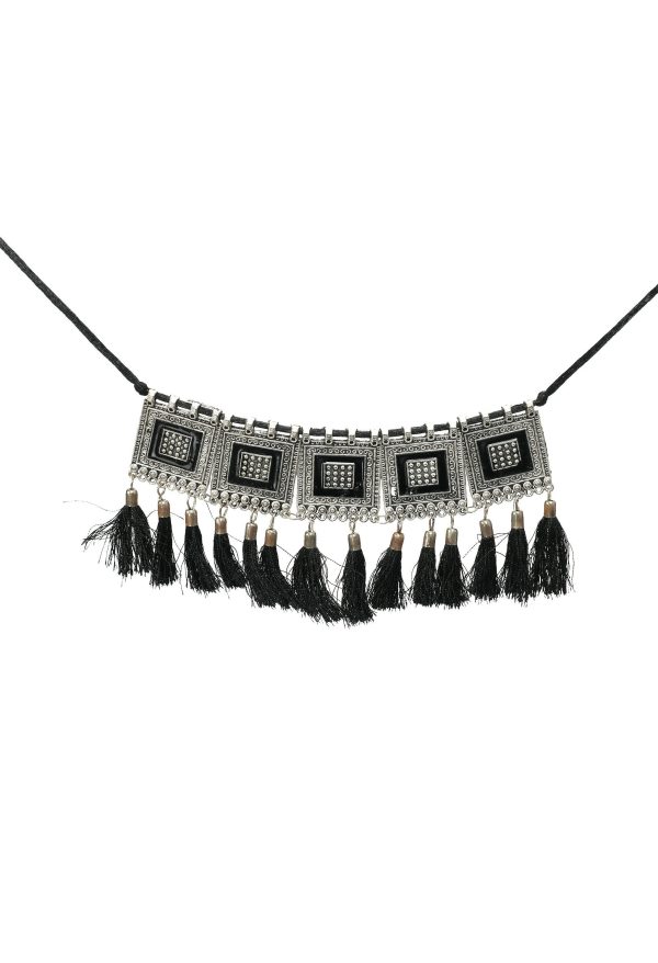 Mominos Fashion Johar Kamal Oxidised Silver-Plated Brass Finish Tassel Work Handicraft Choker For Women (Black) on Sale