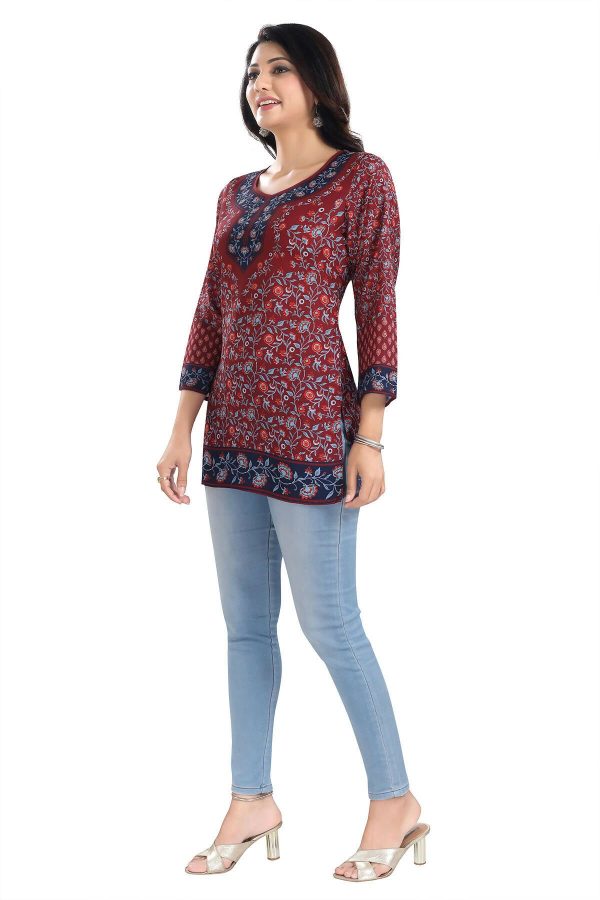 Snehal Creations Magical Maroon Summer Cool Printed Short Kurti Tunic Top For Sale