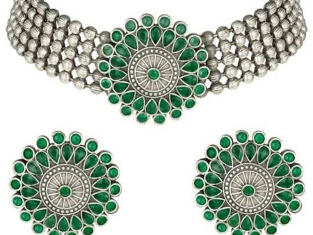 Mominos Fashion Johar Kamal Oxidised Silver-Plated Brass Finish Kundan Choker For Women (Green) For Discount