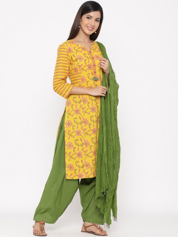 Jaipur Kurti Women Yellow Ethnic Motifs Printed Regular Pure Cotton Kurta with Salwar & With Dupatta Fashion