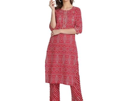 Anubhutee Women Bandhani Printed Red Kurta with Trousers For Sale