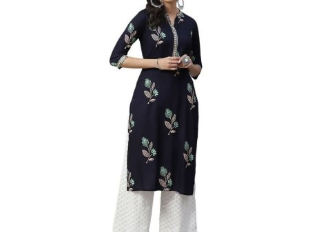 Anubhutee Women s Rayon Embroidered Navy Blue Kurta with Palazzos Online Hot Sale