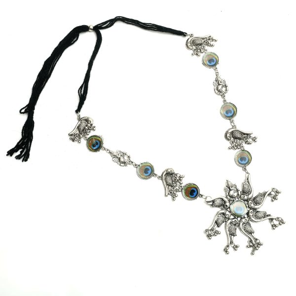 Mominos Fashion Johar Kamal Oxidised Silver-Plated Brass Finish Peacock Design Long Necklace Set For Women Online Sale