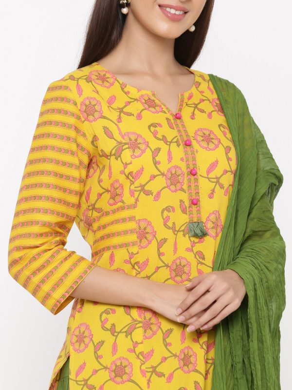 Jaipur Kurti Women Yellow Ethnic Motifs Printed Regular Pure Cotton Kurta with Salwar & With Dupatta Fashion