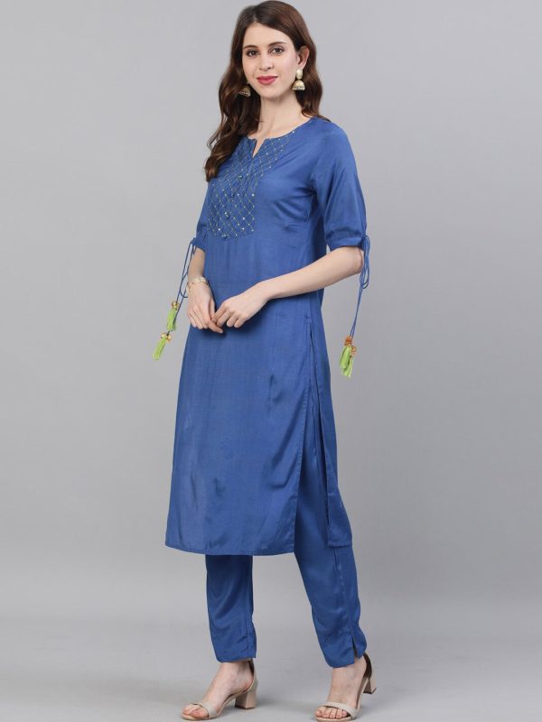 Jaipur Kurti Women Blue Yoke Design Kurta with Trousers & Dupatta Online Sale