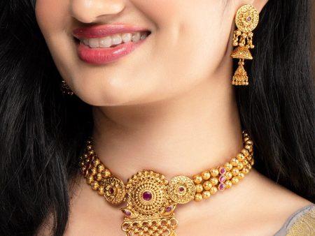 Rubans Gold-Plated Pink Stone Studded Temple Jewellery Set For Sale