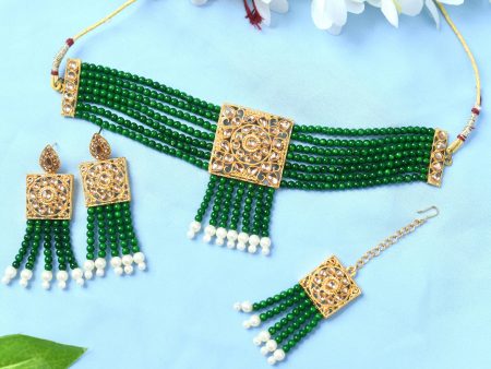 Mominos Fashion Johar Kamal Gold-Plated Kundan & Pearls Necklace Green Golden Color Choker Set Cheap