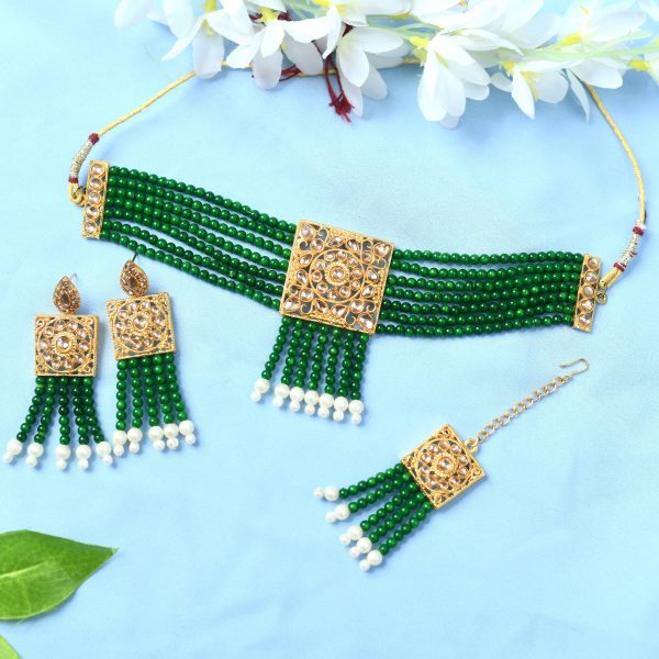 Mominos Fashion Johar Kamal Gold-Plated Kundan & Pearls Necklace Green Golden Color Choker Set Cheap