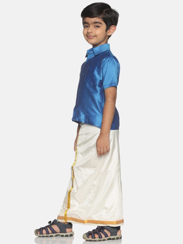 Sethukrishna Boys Blue & White Shirt with Veshti Set (GENIE-67846) Online Sale