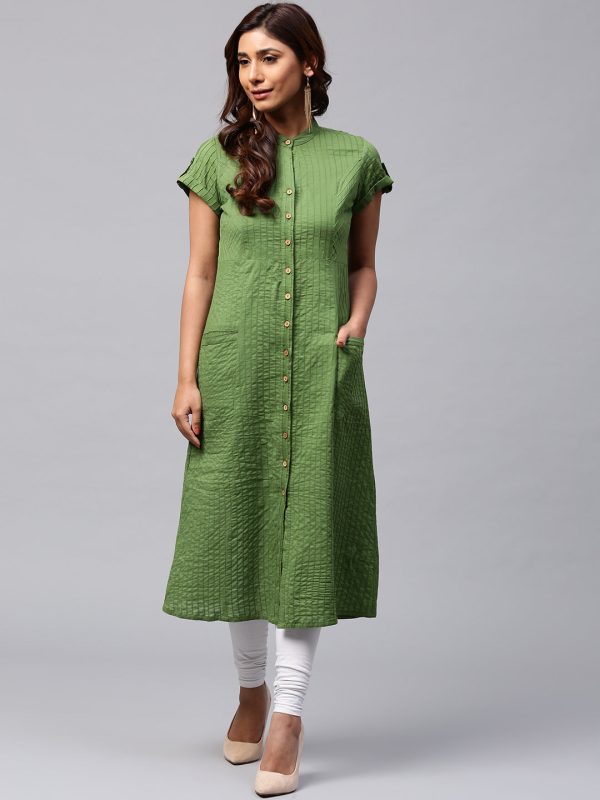 Jaipur Kurti Women Green Self-Striped A-Line Kurta Online now