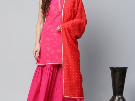 Ahalyaa Pink Crepe Orange khari Print Kurta Sharara Set With Dupatta For Discount