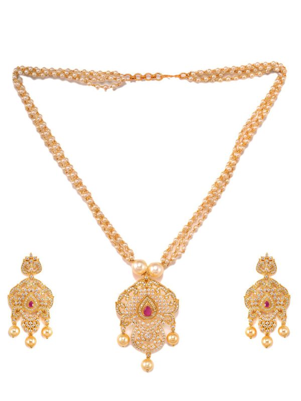 Saraf RS Jewellery Gold-Plated White & Magenta American Diamond Studded Jewellery Set For Sale