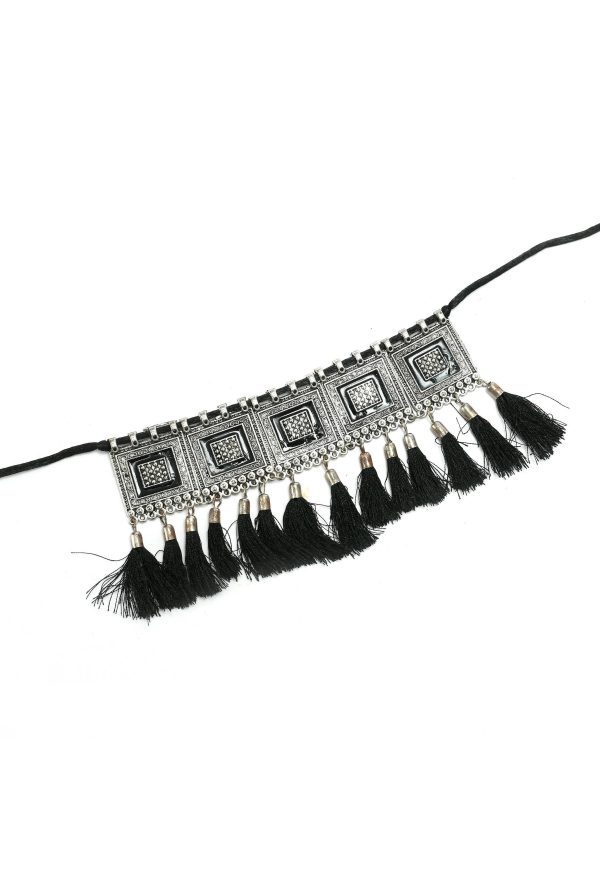 Mominos Fashion Johar Kamal Oxidised Silver-Plated Brass Finish Tassel Work Handicraft Choker For Women (Black) on Sale