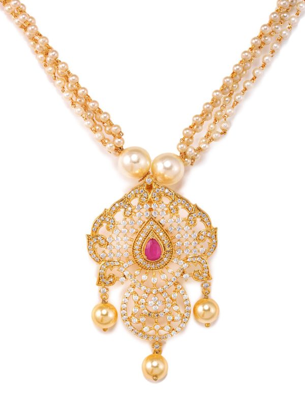 Saraf RS Jewellery Gold-Plated White & Magenta American Diamond Studded Jewellery Set For Sale