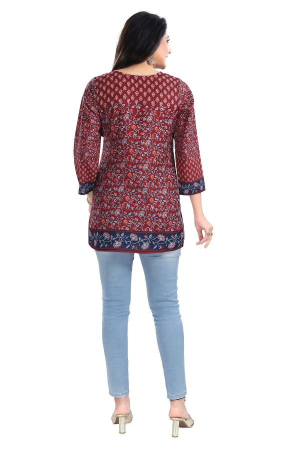 Snehal Creations Magical Maroon Summer Cool Printed Short Kurti Tunic Top For Sale