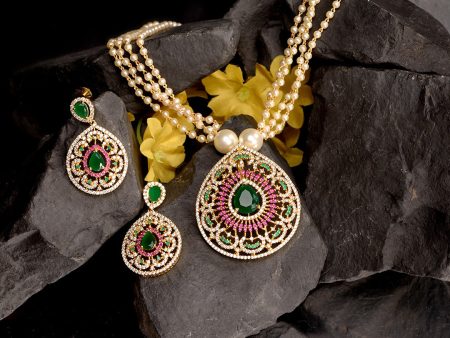 Saraf RS Jewellery Women Gold-Plated Multi Coloured AD Studded Pearl Mala & Earrings Set Discount