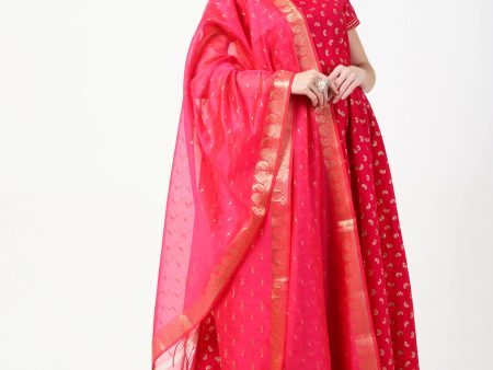 Cheera Women s Deep Pink Cotton & Silk Hand Block Print Long Dress With Silk Dupatta Set on Sale