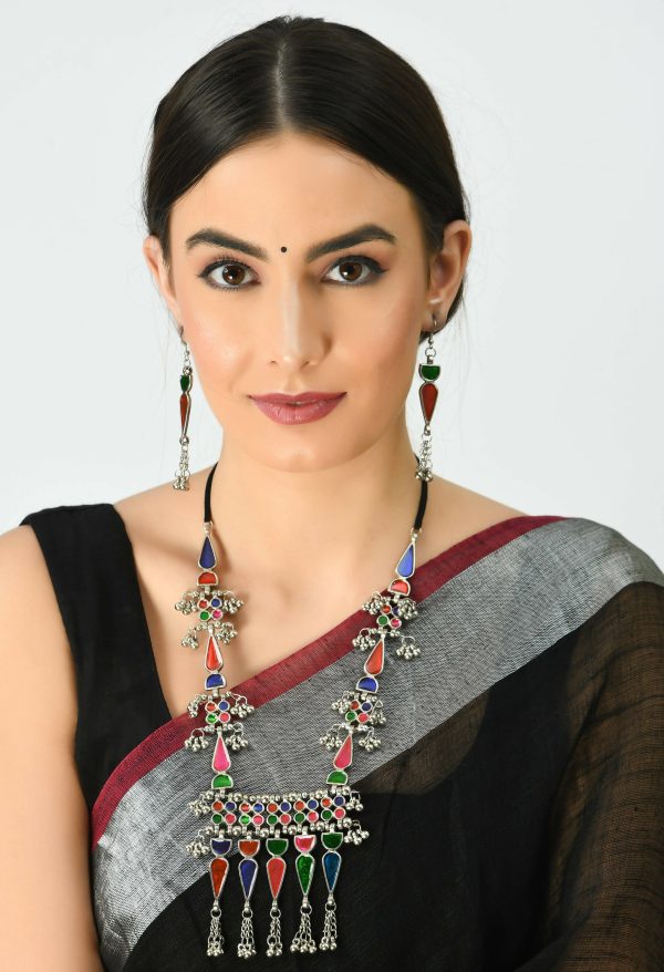 Mominos Fashion Johar Kamal Oxidised Silver-Plated Meenakari Multi Long Necklace Set For Women For Discount