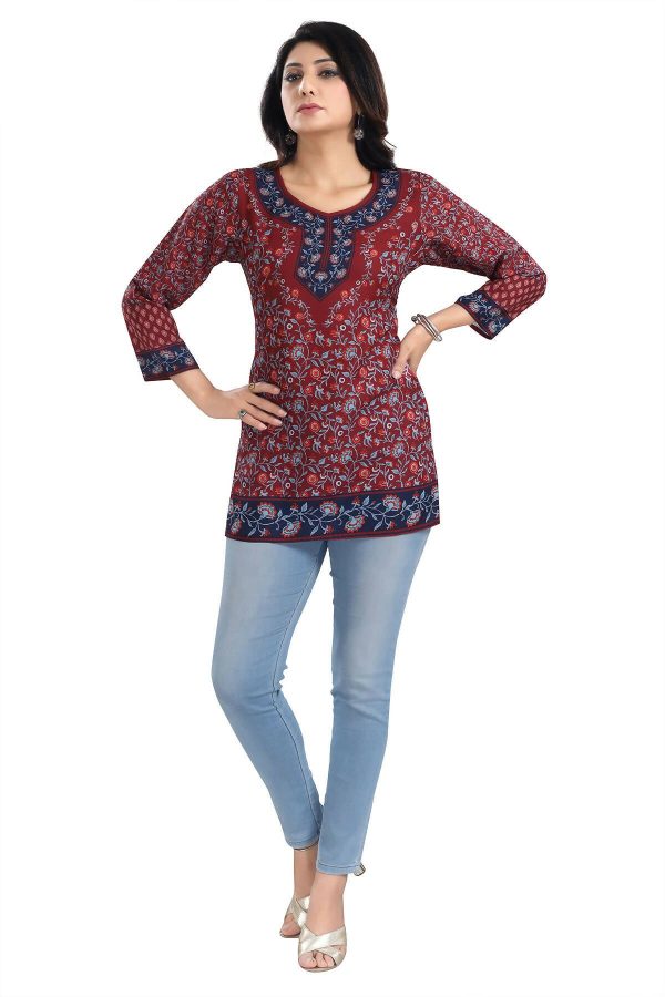 Snehal Creations Magical Maroon Summer Cool Printed Short Kurti Tunic Top For Sale