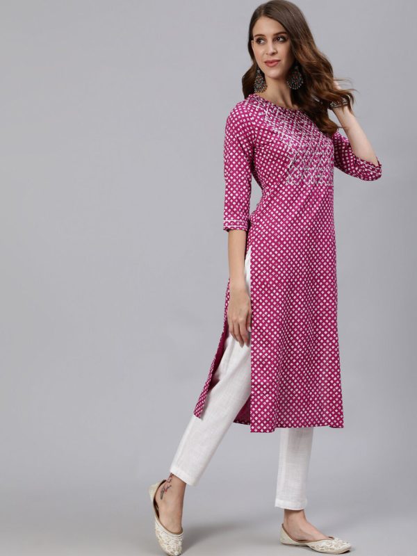 Jaipur Kurti Women Magenta Printed Straight Kurta With Embroidered Yoke Design Sale