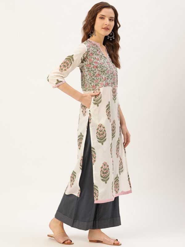 Jaipur Kurti Women Off-White & Pink Printed Straight Kurta Supply