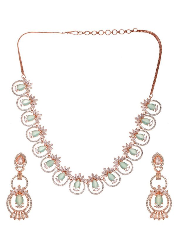 Saraf RS Jewellery Rose Gold-Plated & Sea Green American Diamond Studded Jewellery Set For Sale