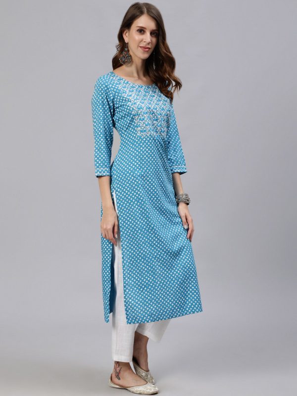 Jaipur Kurti Women Blue & White Floral Printed Kurta Hot on Sale