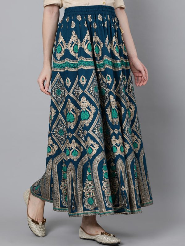 Jaipur Kurti Women Turquoise Blue & Gold-Coloured Printed Maxi-Length Skirt Fashion