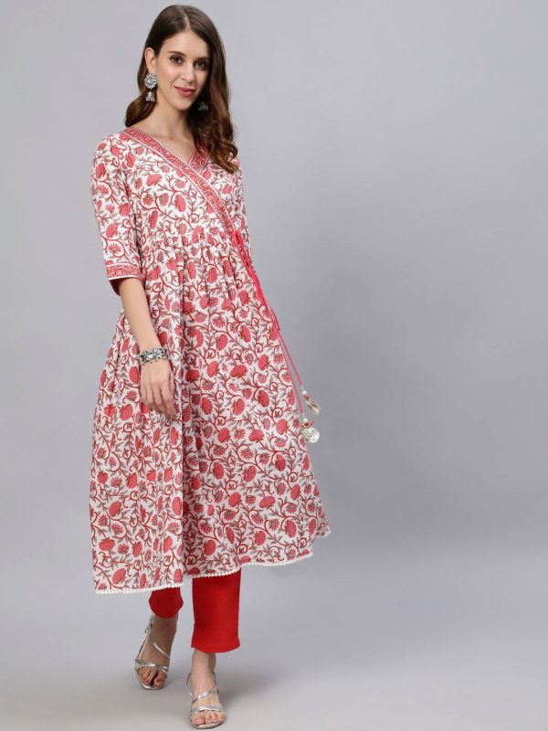 Jaipur Kurti Women White Floral Printed Angrakha Kurta Fashion