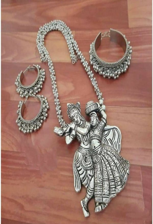 Mominos Fashion Johar Kamal Silver-Plated Brass Finish Radha Kishan Long Neckalce Combo Set For Women For Cheap