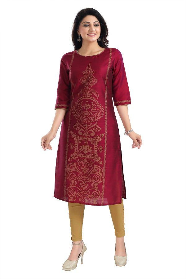 Snehal Creations Majenta Raw Silk Block Print Long Kurta For Women Hot on Sale