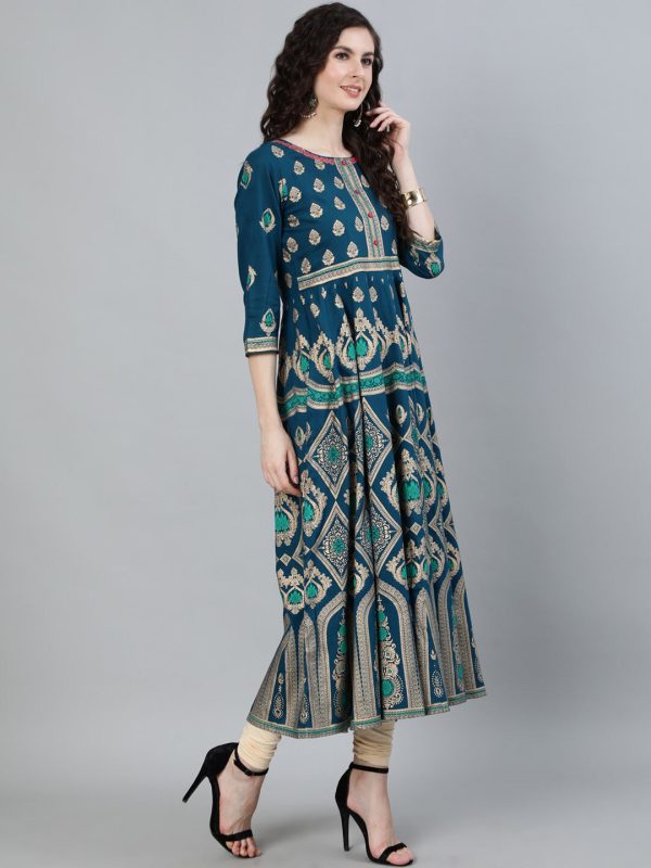 Jaipur Kurti Women Turquoise Blue & Gold Ethnic Motifs Printed Handloom Anarkali Kurta Online Sale