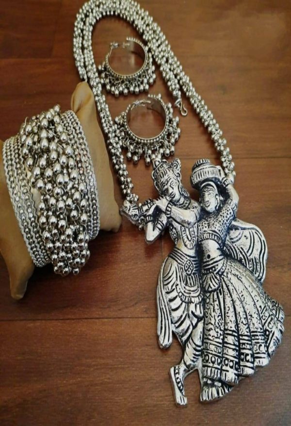 Mominos Fashion Johar Kamal Women Silver-Plated Brass Finish Radha Kishan Long Neckalce Combo Set Online