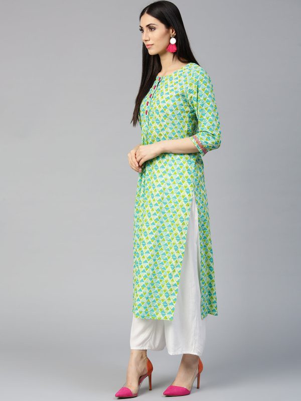 Jaipur Kurti Women Blue & Green Printed Straight Kurta Online now