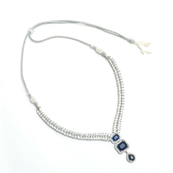 Mominos Fashion Johar Kamal Silver-Plated American Diamond Navy Blue Choker Set on Sale