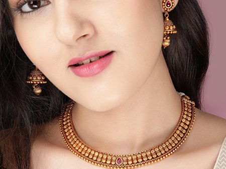 Rubans Gold-Plated Pink Stone-Studded & Beaded Handcrafted Temple Jewellery Set For Discount