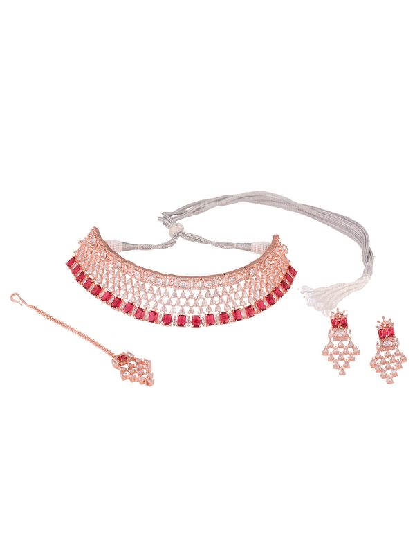 Saraf RS Jewellery Rose Gold-Plated & Red AD & CZ-Studded Contemporary Jewellery Set Online now