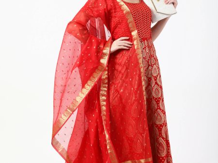 Cheera Women s Red Chanderi Silk & Rayon Hand Block Print Long Dress With Silk Dupatta Set For Sale