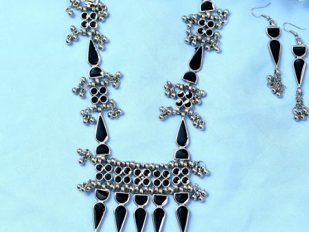 Mominos Fashion Johar Kamal Oxidised Silver-Plated Meenakari Long Necklace Set Supply