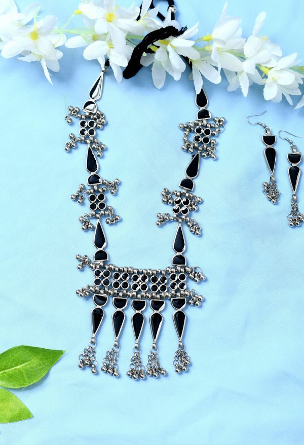 Mominos Fashion Johar Kamal Oxidised Silver-Plated Meenakari Long Necklace Set Supply