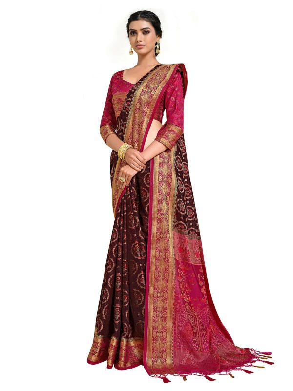 Mimosa Women s Kanjivaram Art Silk Burgundy Saree For Discount