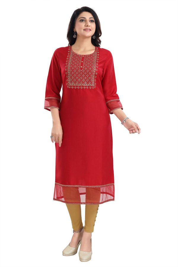 Snehal Creations Mighty Red Art Silk Designer Long Kurti Tunic With Zari Embroidery Online